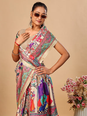 Premium Cream Floral & Paisley Digital Printed Tussar Silk Saree With Zari Weaving Border - Image 2