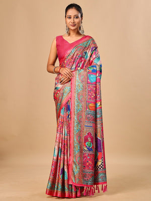 Premium Pink Floral & Paisley Digital Printed Tussar Silk Saree With Zari Weaving Border - Image 1