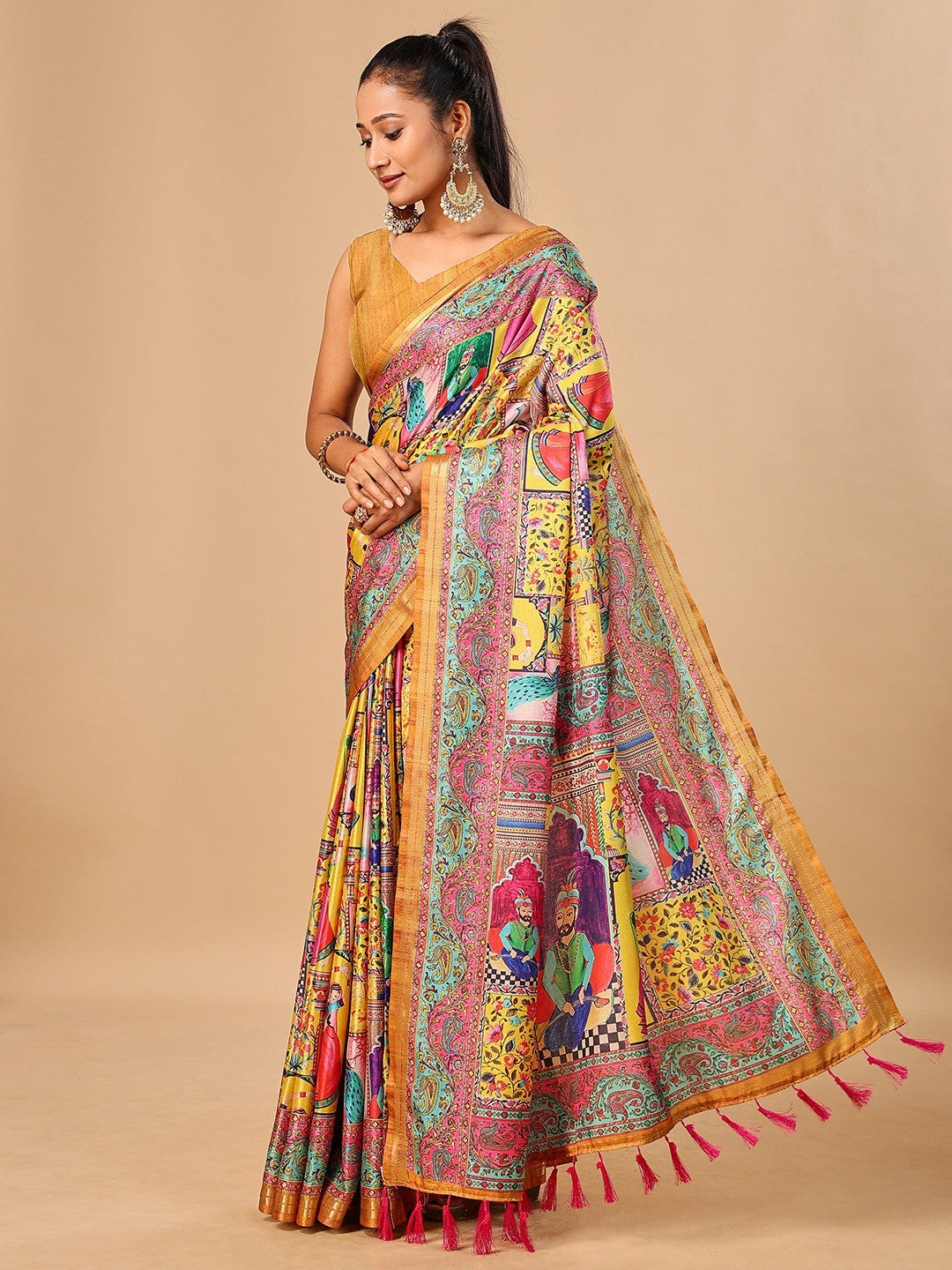 Premium Yellow Floral & Paisley Digital Printed Tussar Silk Saree With Zari Weaving Border - Image 4