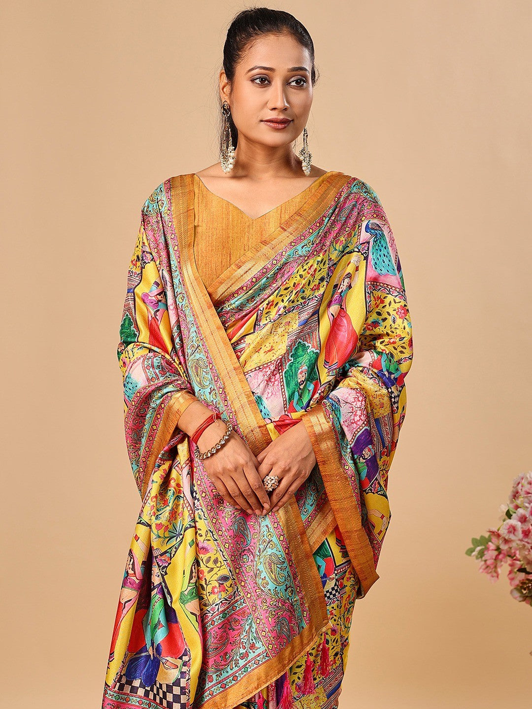 Premium Yellow Floral & Paisley Digital Printed Tussar Silk Saree With Zari Weaving Border - Image 2