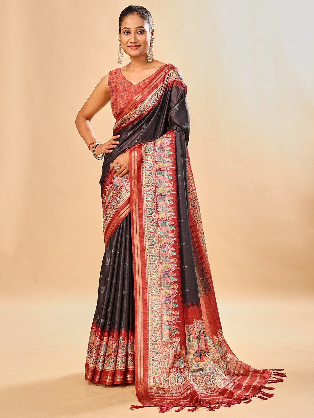 Luxurious Black Birds Digital Print Tussar Silk Saree With Temple Motif Pallu & Zari Weaving Border - Image 1