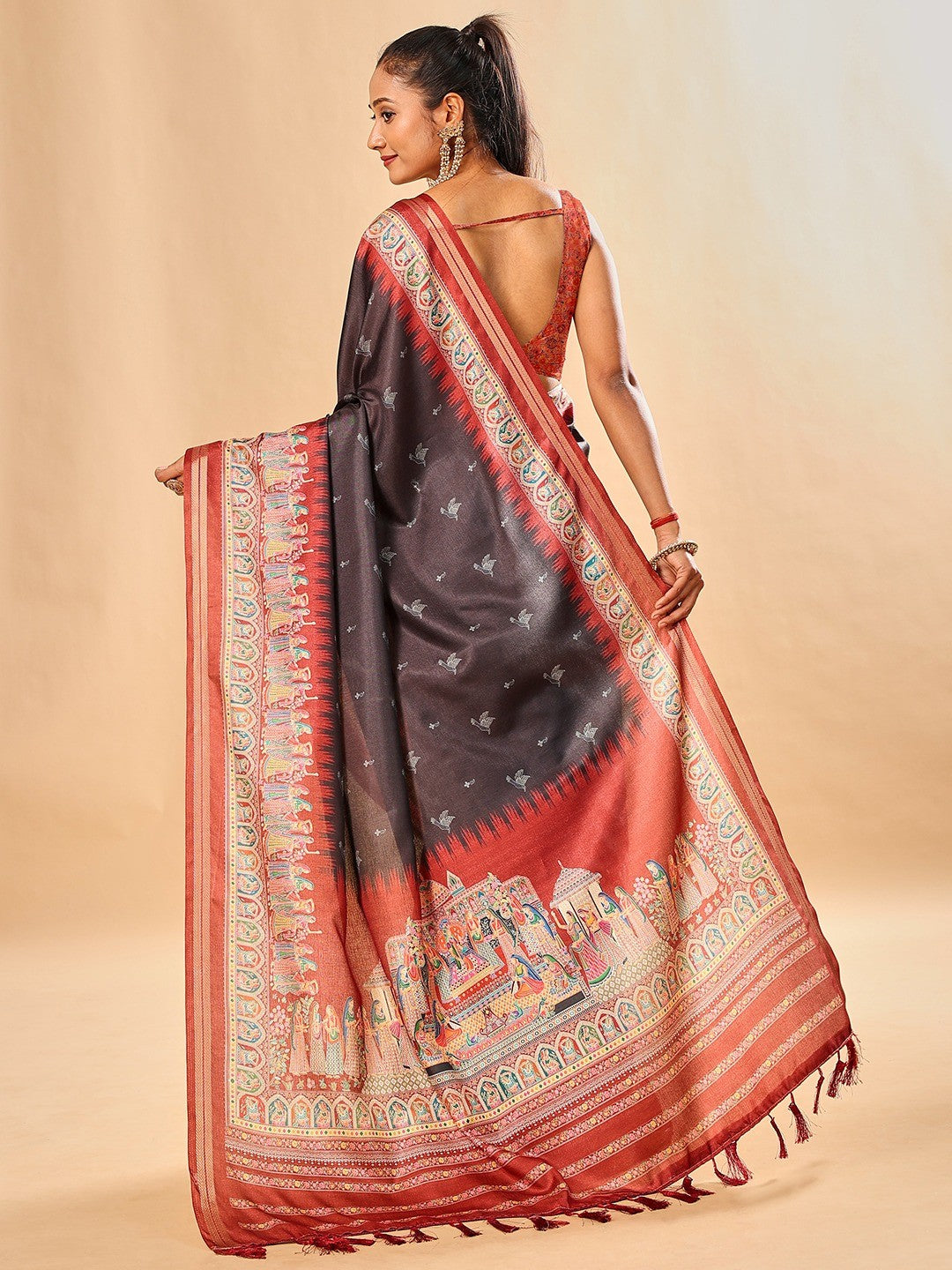 Luxurious Black Birds Digital Print Tussar Silk Saree With Temple Motif Pallu & Zari Weaving Border - Image 3