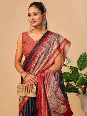 Luxurious Black Birds Digital Print Tussar Silk Saree With Temple Motif Pallu & Zari Weaving Border - Image 2