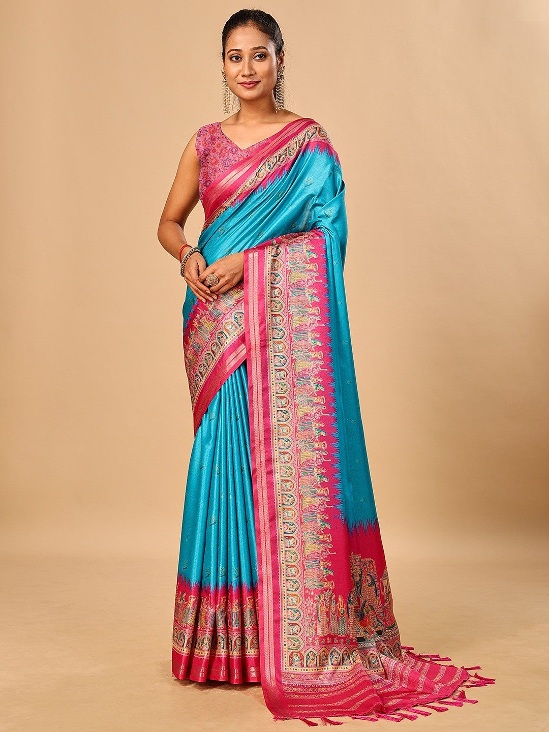 Luxurious Blue Birds Digital Print Tussar Silk Saree With Temple Motif Pallu & Zari Weaving Border - Image 1