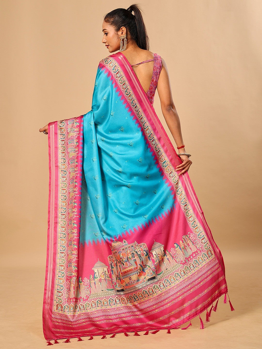 Luxurious Blue Birds Digital Print Tussar Silk Saree With Temple Motif Pallu & Zari Weaving Border - Image 3