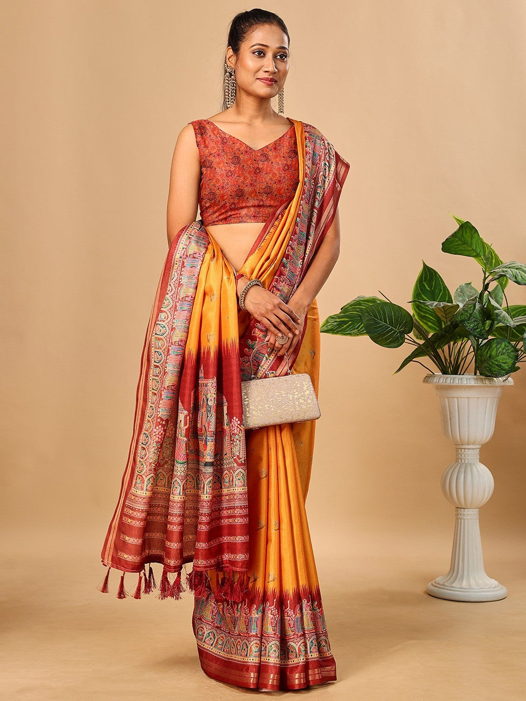 Luxurious Mustard Birds Digital Print Tussar Silk Saree With Temple Motif Pallu & Zari Weaving Border - Image 1
