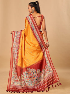 Luxurious Mustard Birds Digital Print Tussar Silk Saree With Temple Motif Pallu & Zari Weaving Border - Image 2