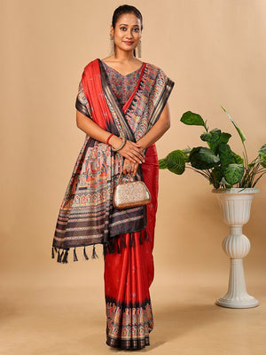 Luxurious Red Birds Digital Print Tussar Silk Saree With Temple Motif Pallu & Zari Weaving Border - Image 1