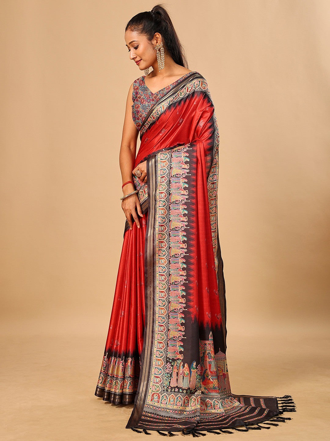 Luxurious Red Birds Digital Print Tussar Silk Saree With Temple Motif Pallu & Zari Weaving Border - Image 5