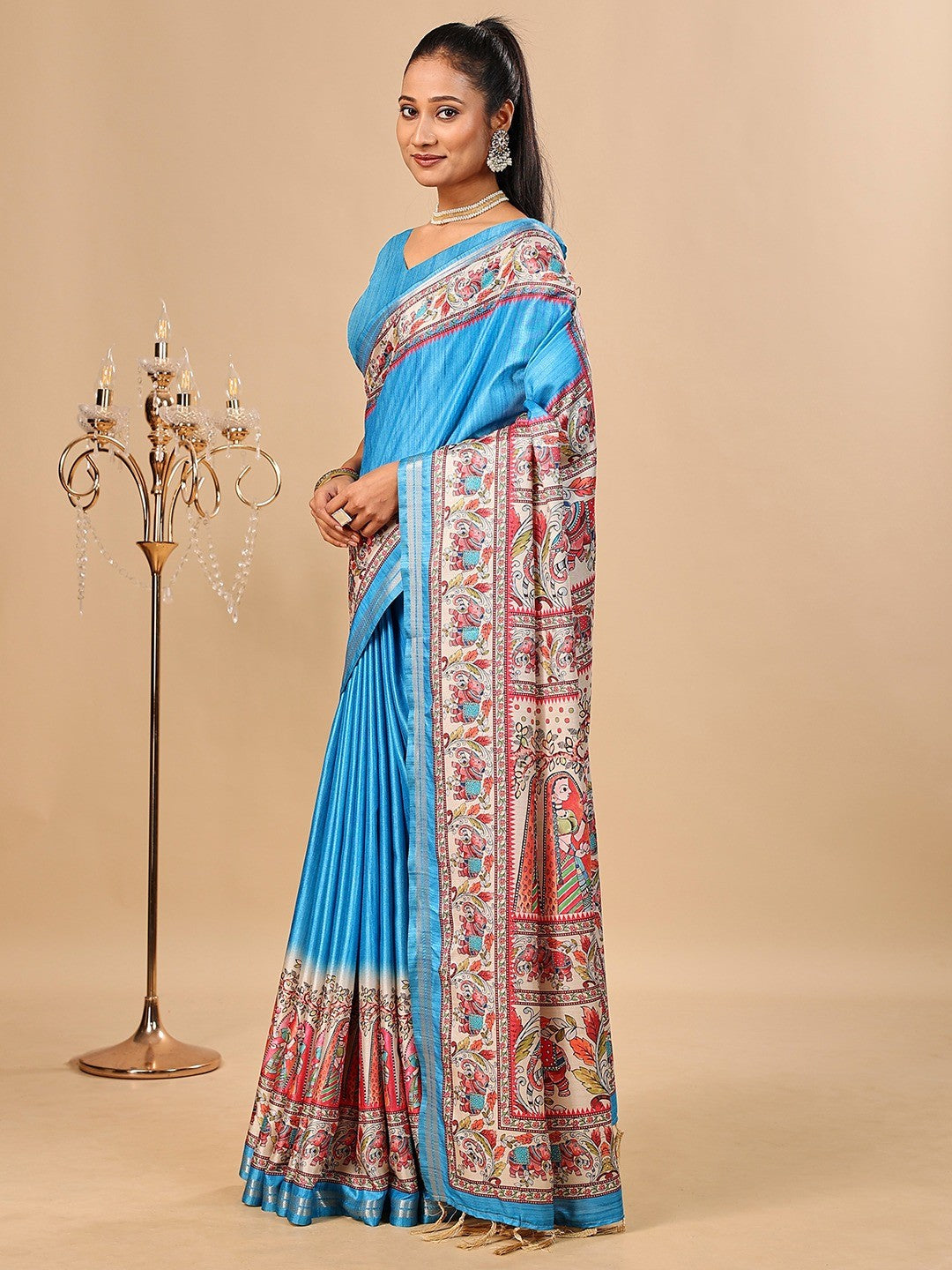 Exquisite Blue Madhubani & Elephant Digital Printed Tussar Silk Saree With Elegant Zari Border - Image 4