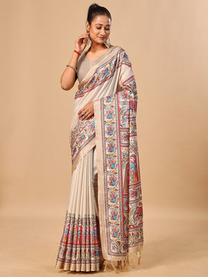 Exquisite Cream Madhubani & Elephant Digital Printed Tussar Silk Saree With Elegant Zari Border - Image 1