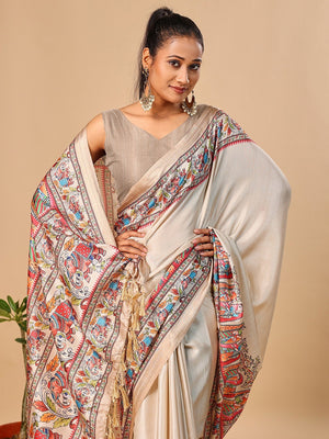 Exquisite Cream Madhubani & Elephant Digital Printed Tussar Silk Saree With Elegant Zari Border - Image 2