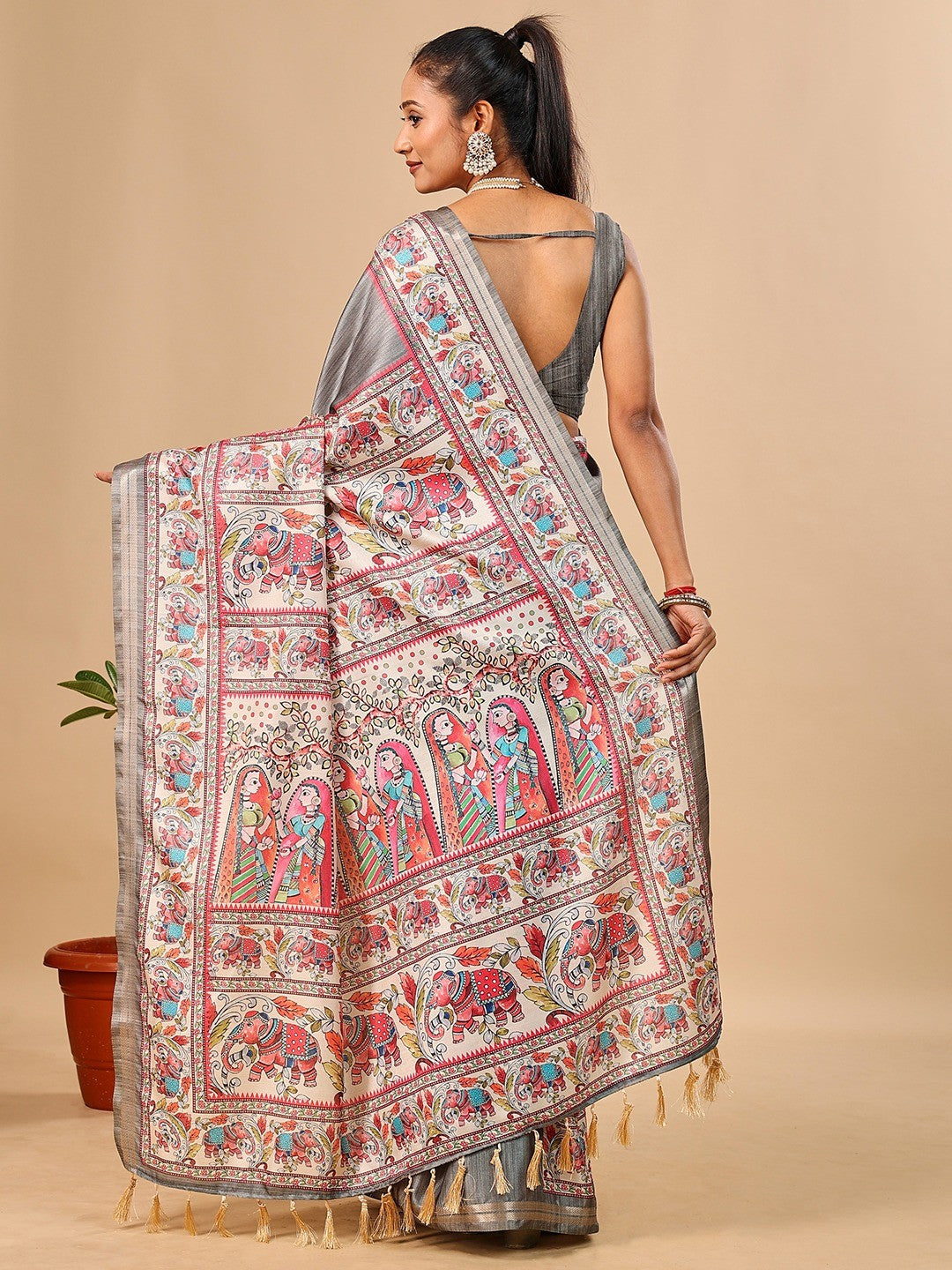 Exquisite Grey Madhubani & Elephant Digital Printed Tussar Silk Saree With Elegant Zari Border - Image 3