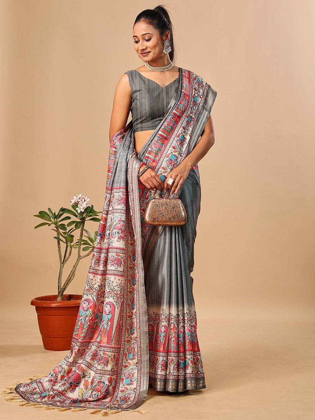 Exquisite Grey Madhubani & Elephant Digital Printed Tussar Silk Saree With Elegant Zari Border - Image 5