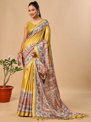 Exquisite Mustard Madhubani & Elephant Digital Printed Tussar Silk Saree With Elegant Zari Border - Image 1