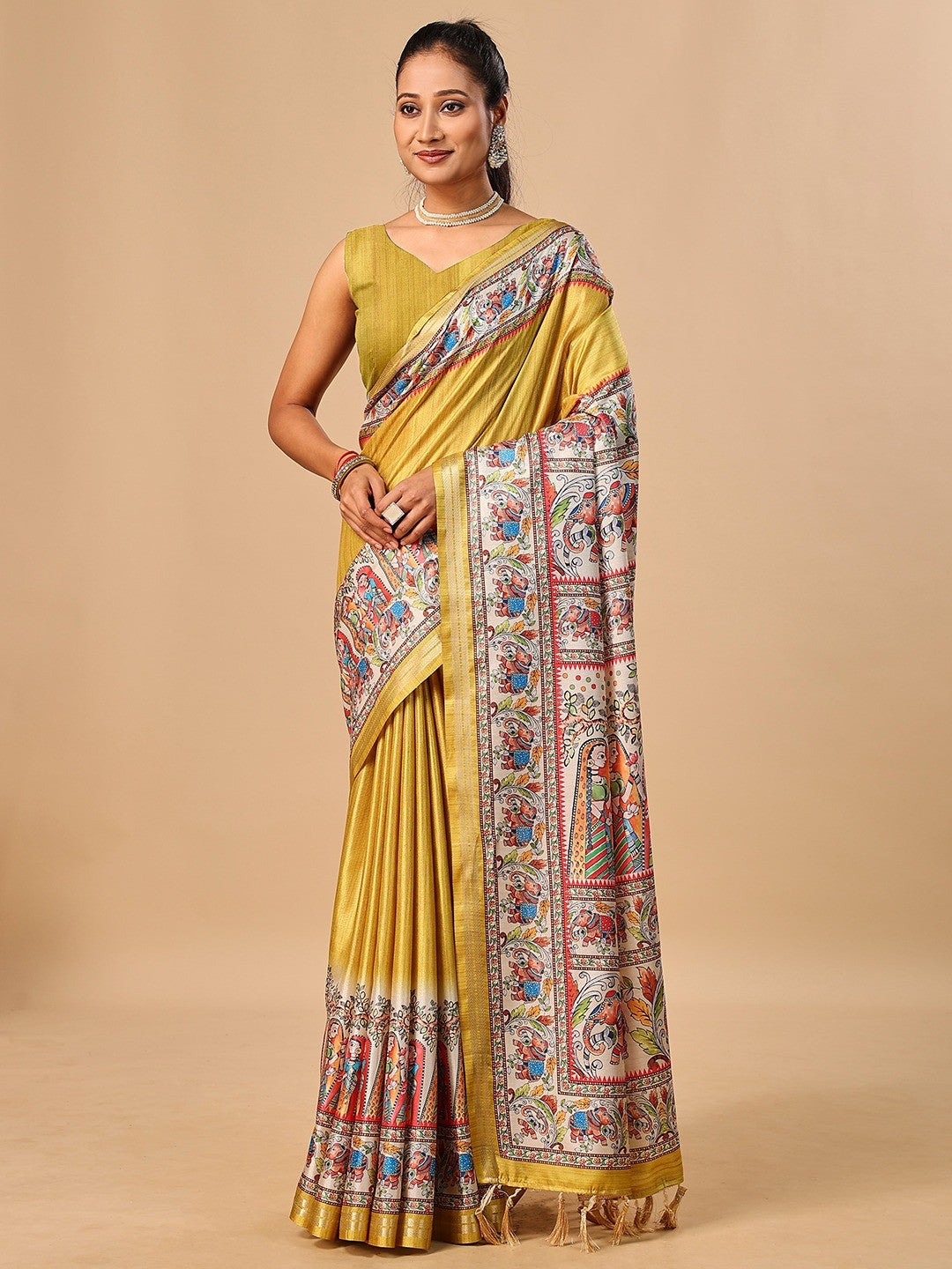 Exquisite Mustard Madhubani & Elephant Digital Printed Tussar Silk Saree With Elegant Zari Border - Image 3