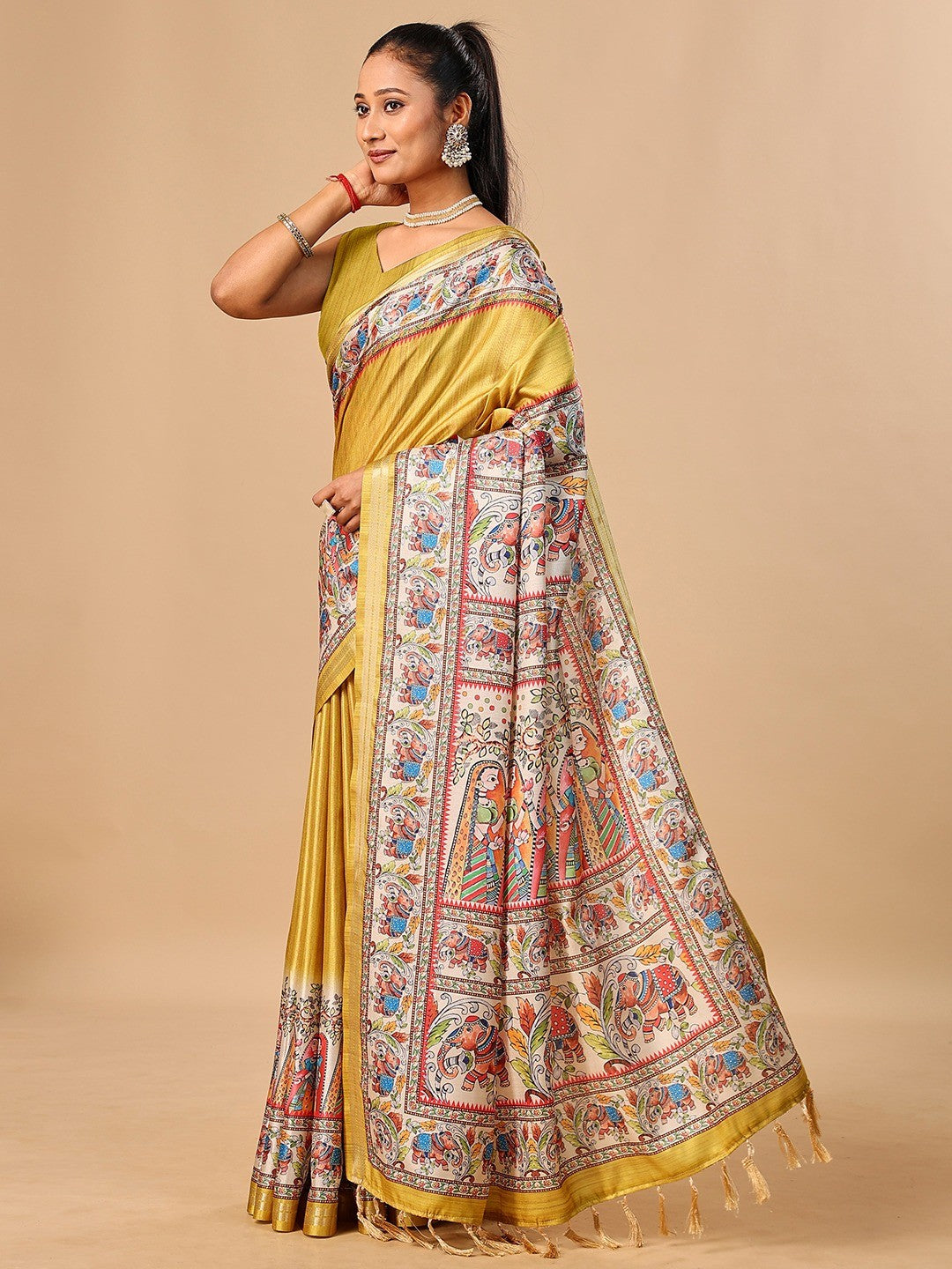 Exquisite Mustard Madhubani & Elephant Digital Printed Tussar Silk Saree With Elegant Zari Border - Image 4