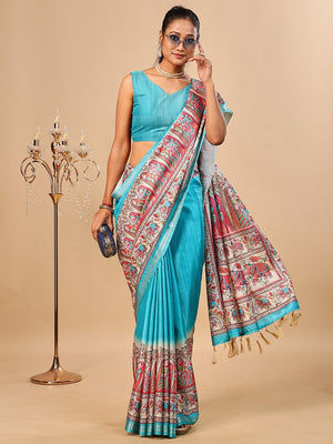 Exquisite Turquoise Madhubani & Elephant Digital Printed Tussar Silk Saree With Elegant Zari Border - Image 1