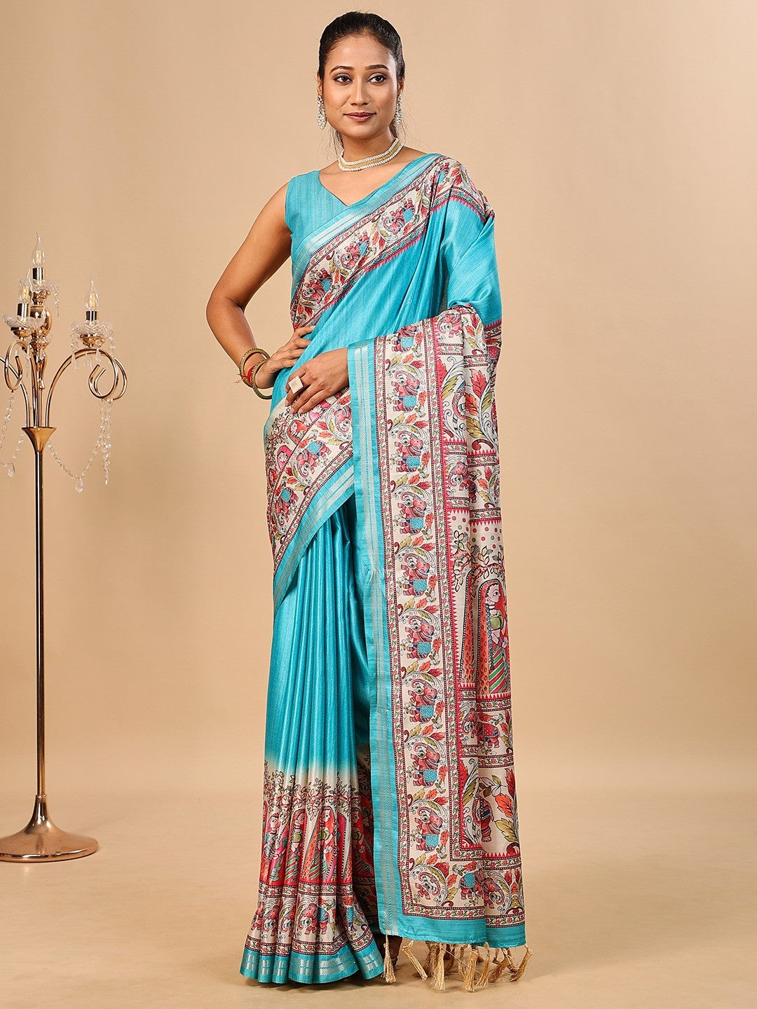 Exquisite Turquoise Madhubani & Elephant Digital Printed Tussar Silk Saree With Elegant Zari Border - Image 3