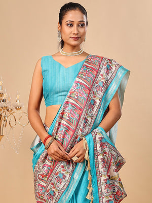 Exquisite Turquoise Madhubani & Elephant Digital Printed Tussar Silk Saree With Elegant Zari Border - Image 2