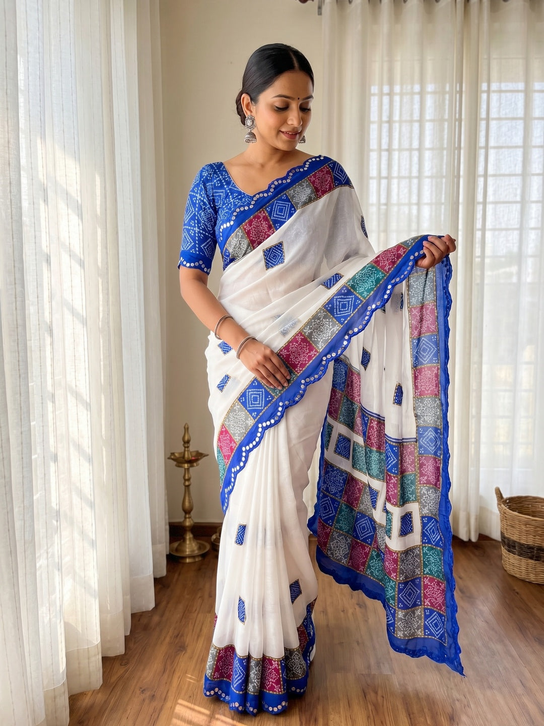 Elegant White & Blue Vichitra Silk Bandhani Saree with Mirror Work - Image 1