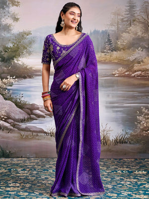 Royal Purple Bandhani Printed Georgette Saree Enhanced With Sequins & Cording Embroidered Border - Image 1