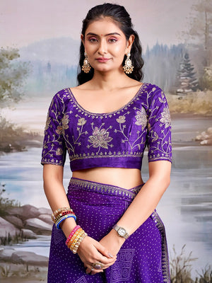 Royal Purple Bandhani Printed Georgette Saree Enhanced With Sequins & Cording Embroidered Border - Image 2