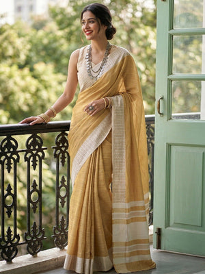 Stylish Mustard Linen Saree with Silver Border Lightweight Festive Wear - Image 1