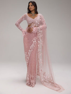 Elegant Pink Super Net Embroidered Saree with Designer Blouse - Image 1