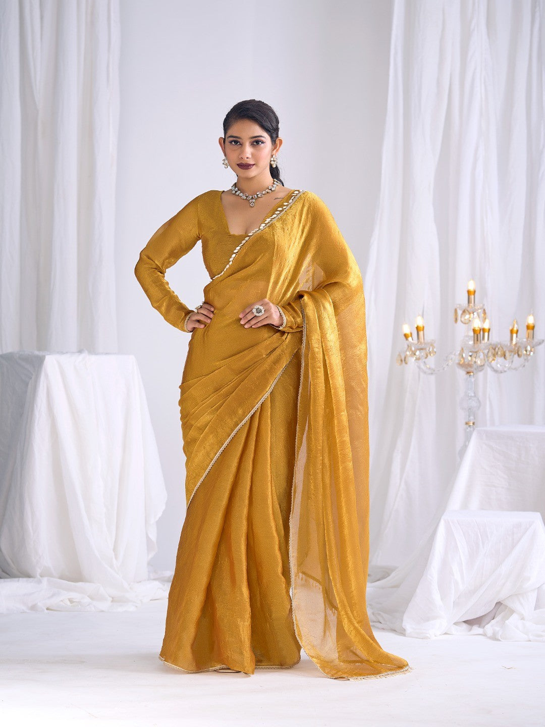 Gold Silk Blend Saree with Subtle Delicate Border Classic Ethnic Style - Image 1