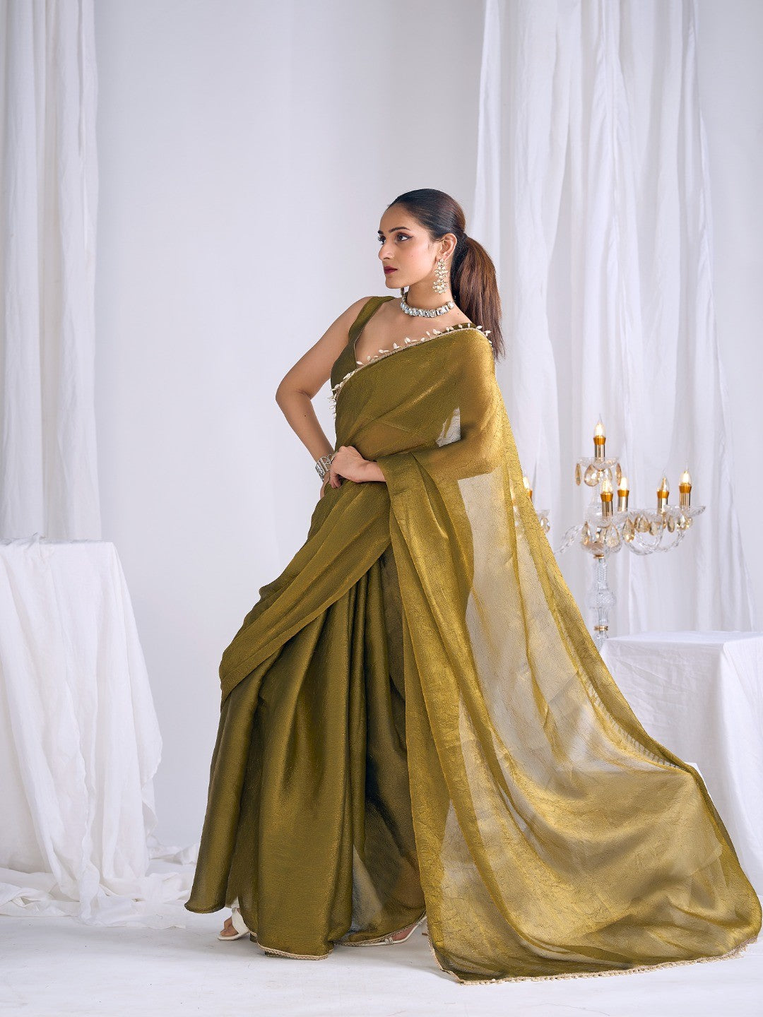 Olive Silk Blend Saree with Subtle Delicate Border Classic Ethnic Style - Image 5