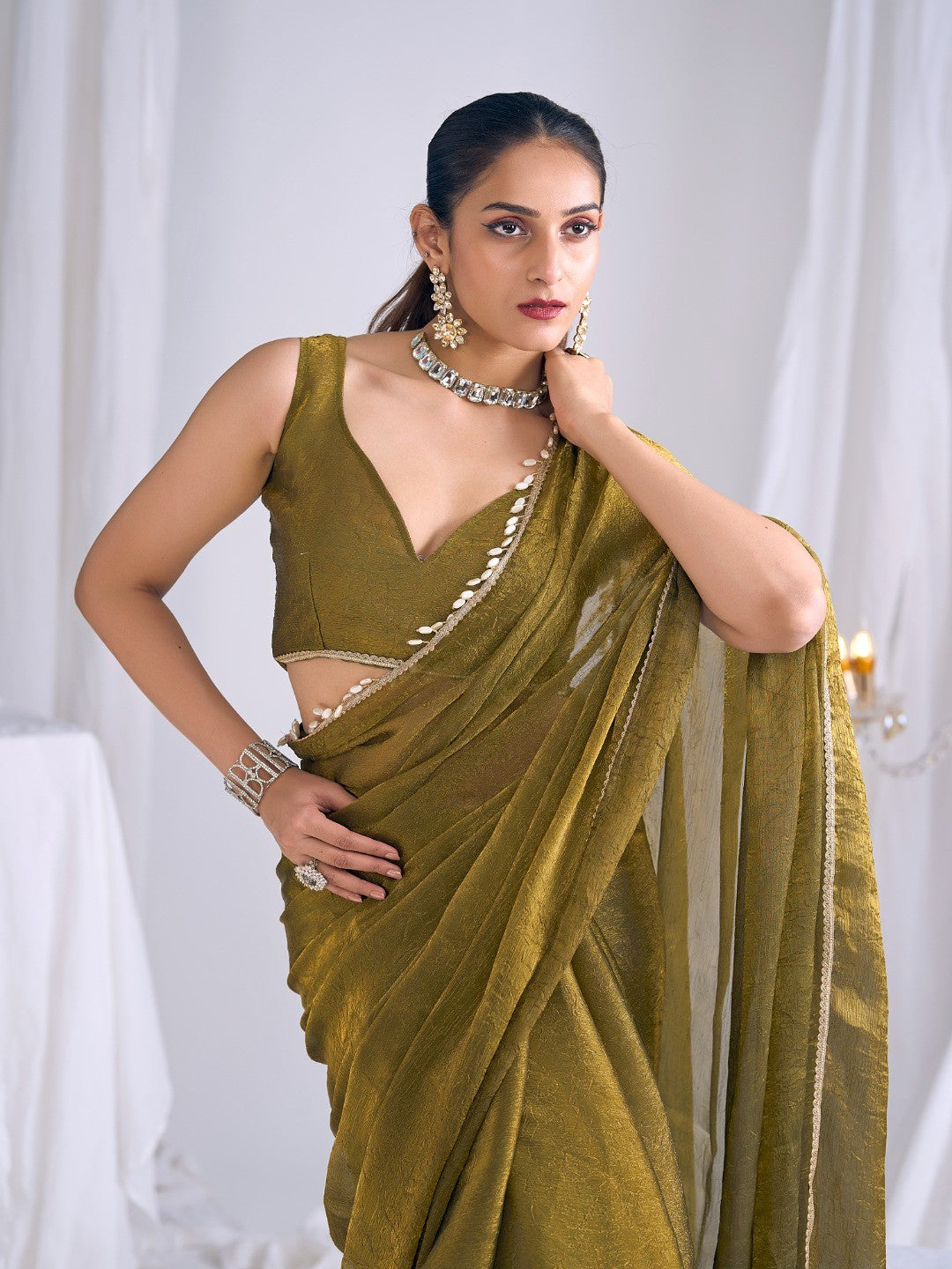 Olive Silk Blend Saree with Subtle Delicate Border Classic Ethnic Style - Image 2