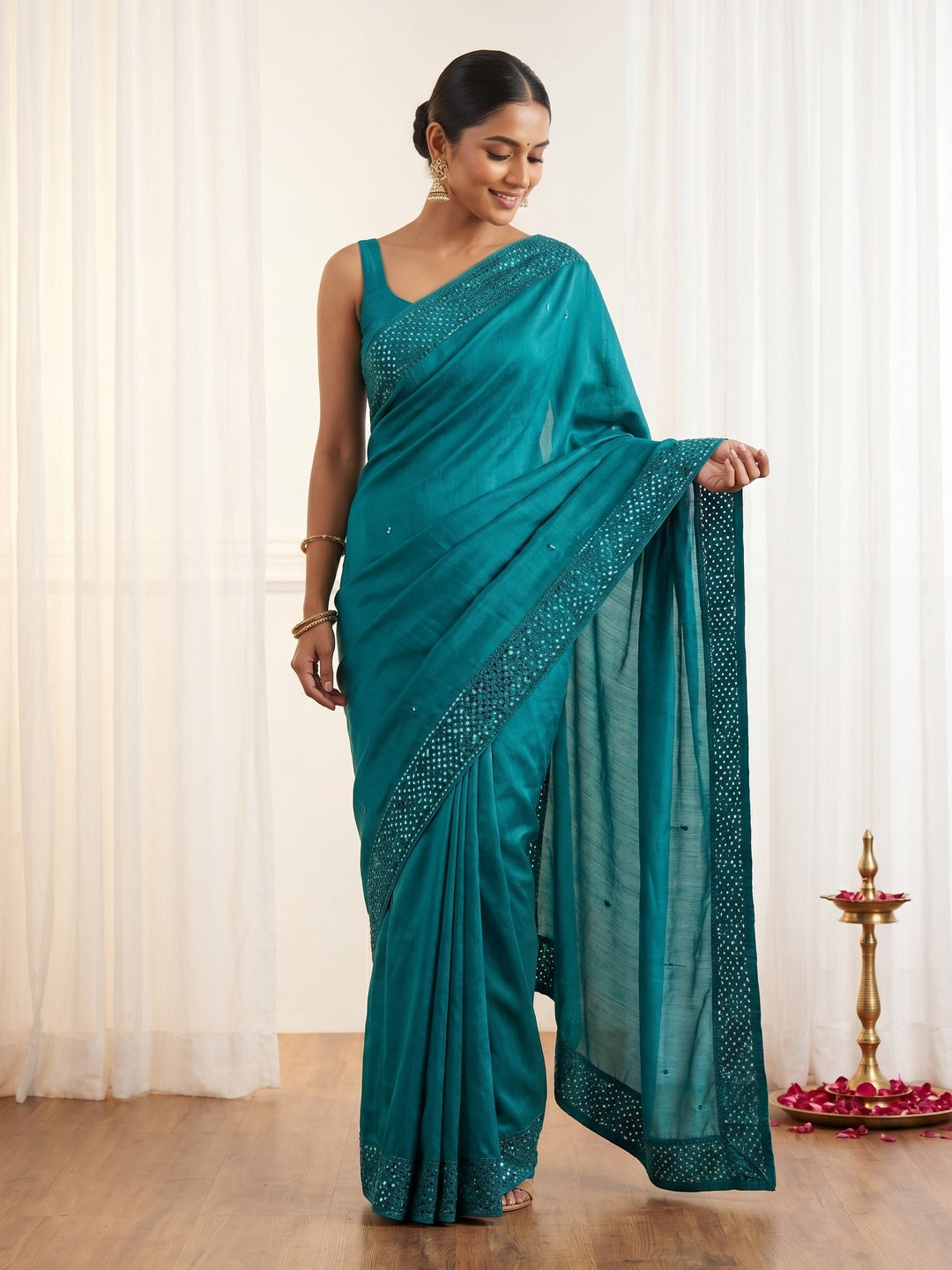 Teal Premium Vichitra Silk Saree Adorned with Shimmering Sequins Work - Image 1
