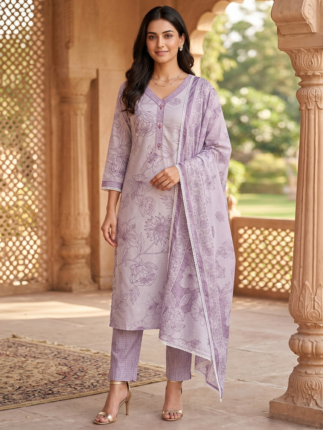 Purple Pure Cotton Salwar Suit with Floral Print and Dupatta Easy Comfortable Fit - Image 1