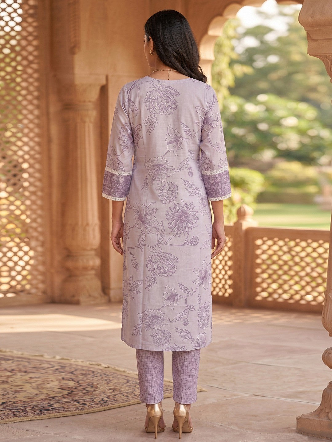 Purple Pure Cotton Salwar Suit with Floral Print and Dupatta Easy Comfortable Fit - Image 3