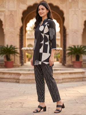 Elegant Black Abstract Print Pure Cotton Top Bottom Set Minimal Ethnic Look - Image 2