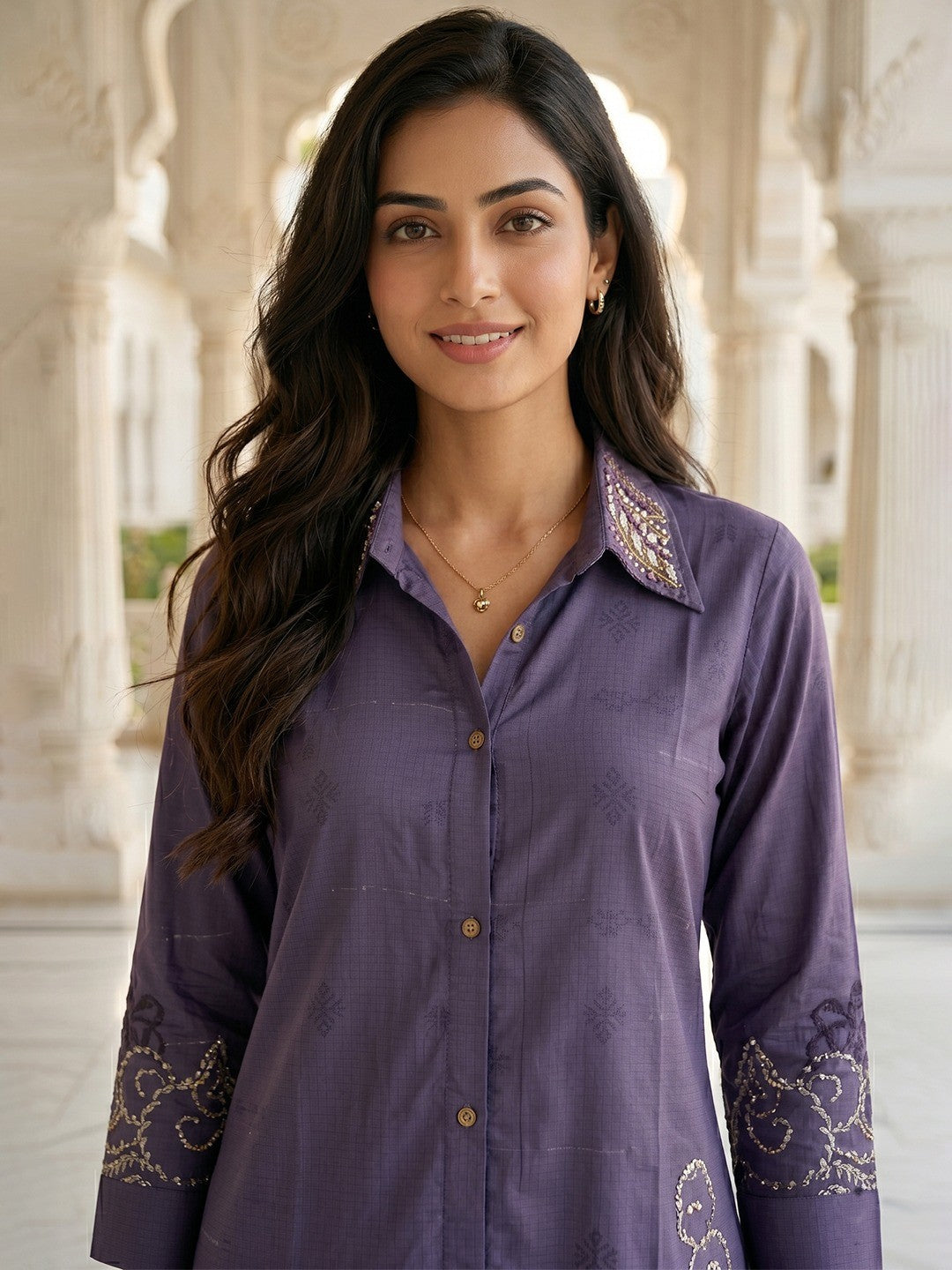 Violet Crepe Top Bottom Set with Embroidered Accents - Image 4