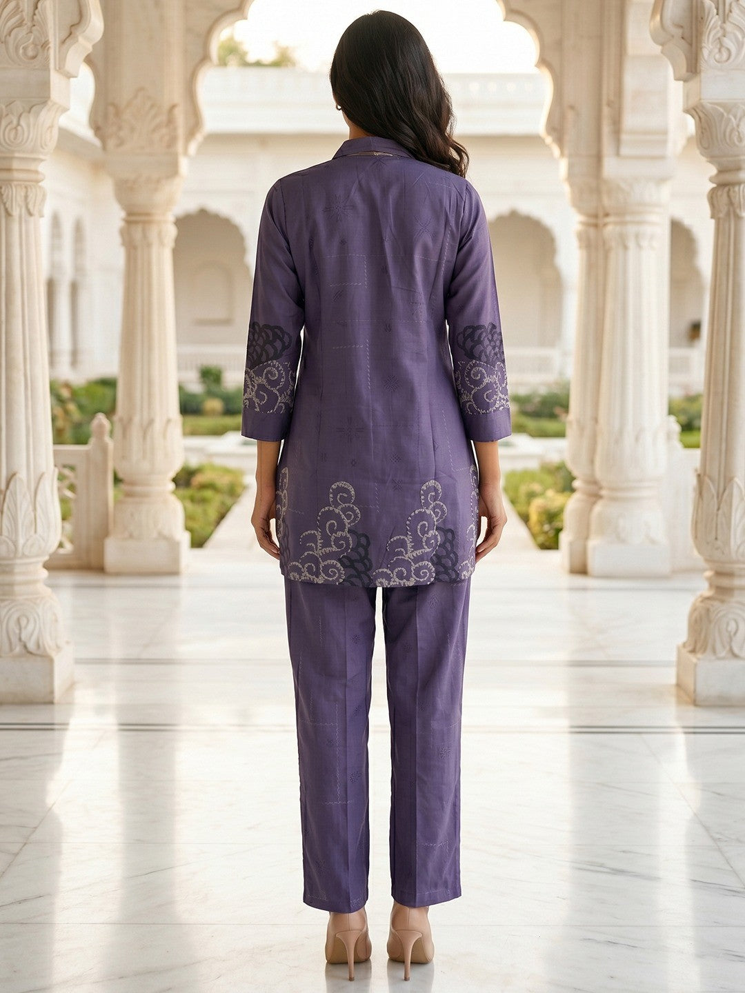 Violet Crepe Top Bottom Set with Embroidered Accents - Image 2