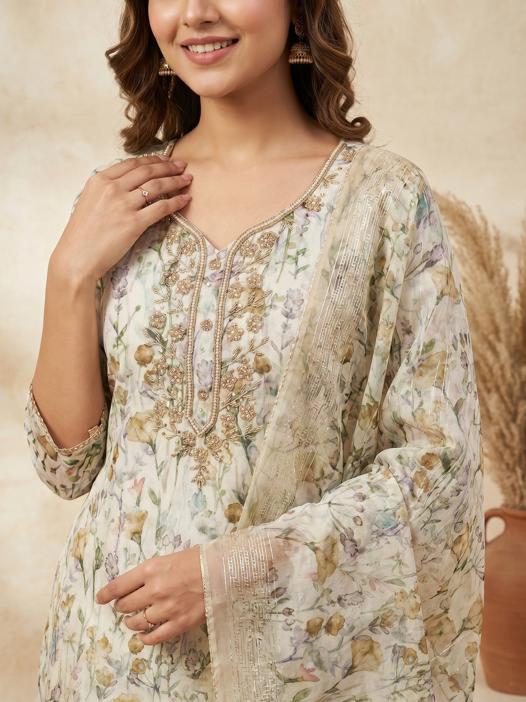 Off White & Green Floral Printed Chanderi Dress Material - Image 2