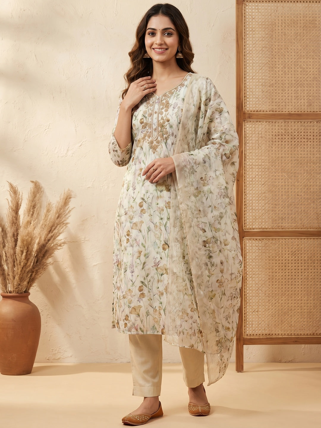 Off White & Green Floral Printed Chanderi Dress Material - Image 1