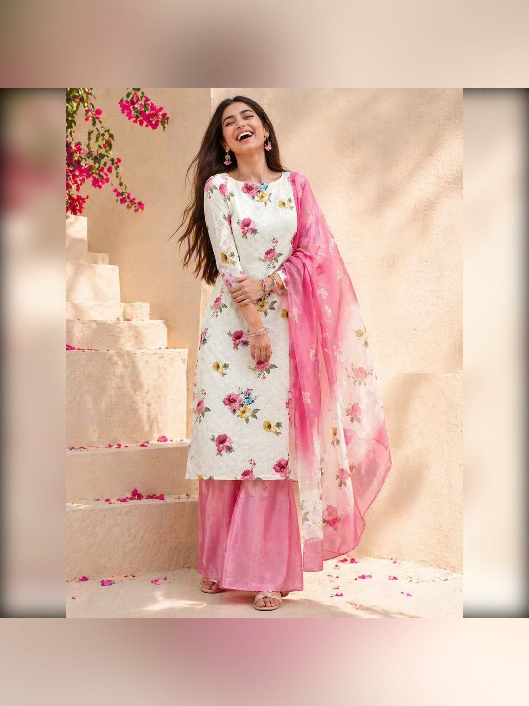 White Poly Cotton Blend Dress Material With Glimmering Floral Print - Image 1
