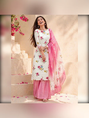 White Poly Cotton Blend Dress Material With Glimmering Floral Print - Image 1