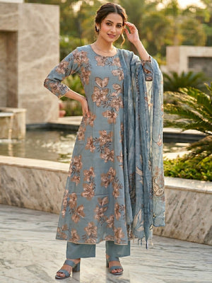 Dusty Blue Floral Printed Viscose Salwar Suit with Dupatta Festive Ethnic Wear - Image 1