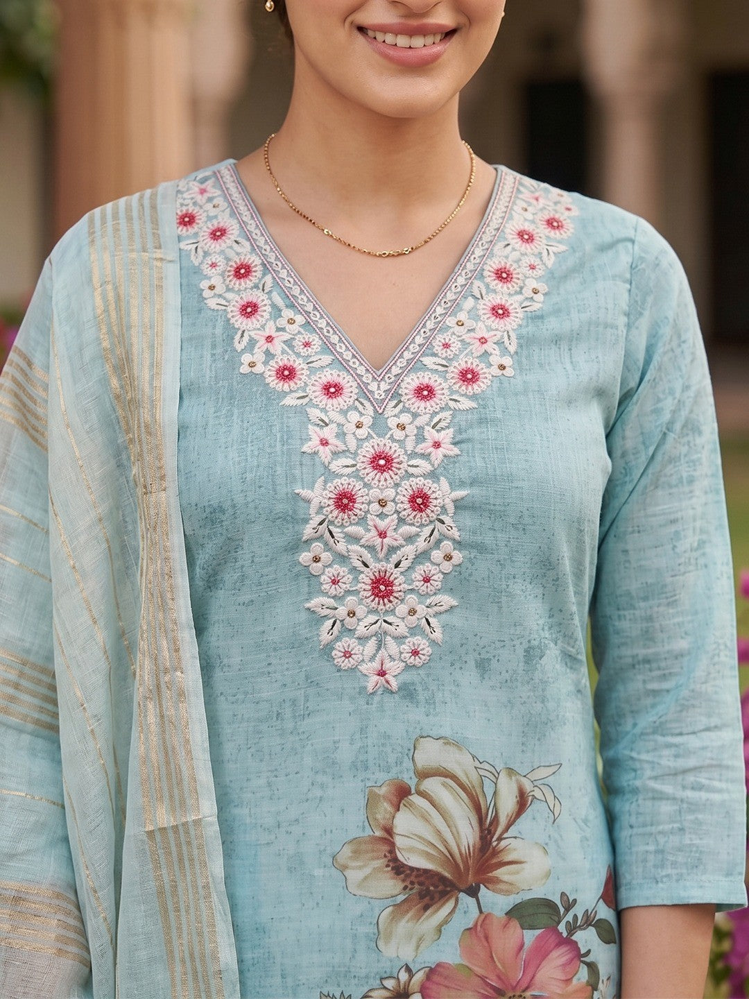 Blue Linen Salwar Suit with Embroidered Neck and Floral Print Soft Fabric Wear - Image 2