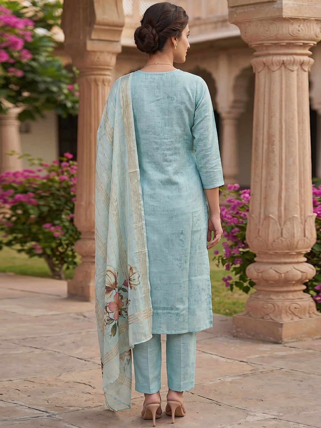 Blue Linen Salwar Suit with Embroidered Neck and Floral Print Soft Fabric Wear - Image 3