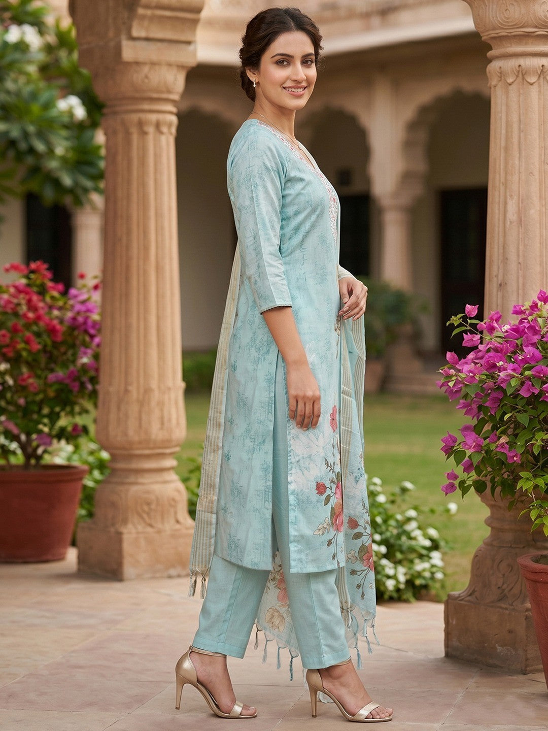 Blue Linen Salwar Suit with Embroidered Neck and Floral Print Soft Fabric Wear - Image 4