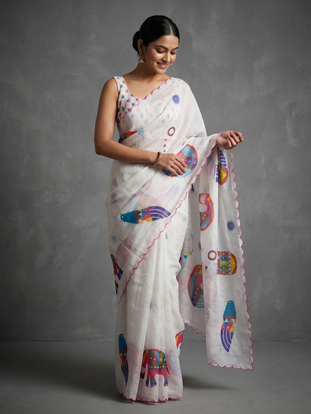 Stylish White Linen Saree with Multicolor Printed Motifs Minimal Elegant Look - Image 1