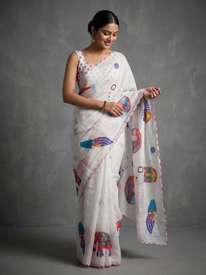 Stylish White Linen Saree with Multicolor Printed Motifs Minimal Elegant Look - Image 1