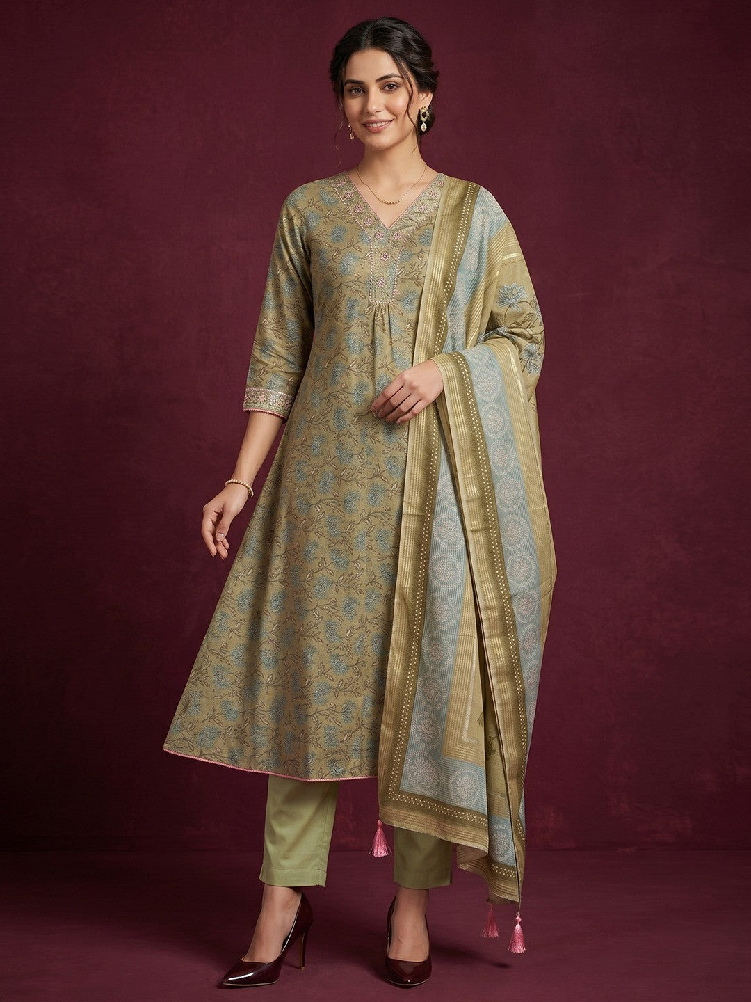 Green Floral Printed Kota Doria Salwar Suit with Dupatta - Image 1