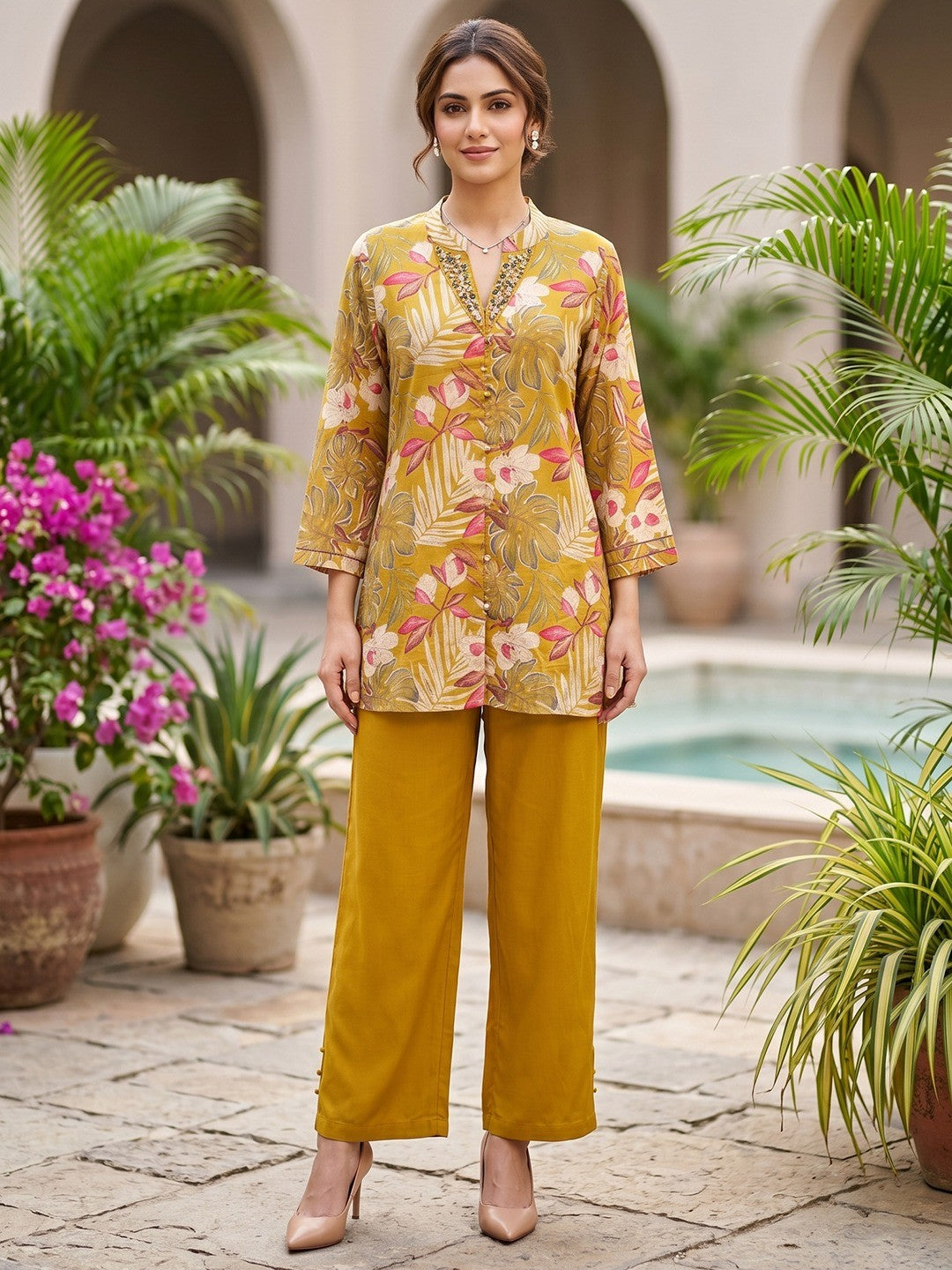 Mustard Floral Printed Rayon Top Bottom Set with Bead Work on Neck Stylish Ethnic Wear - Image 1
